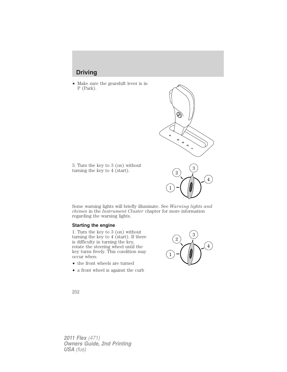Starting the engine, Driving | FORD 2011 Flex v.2 User Manual | Page 252 / 418
