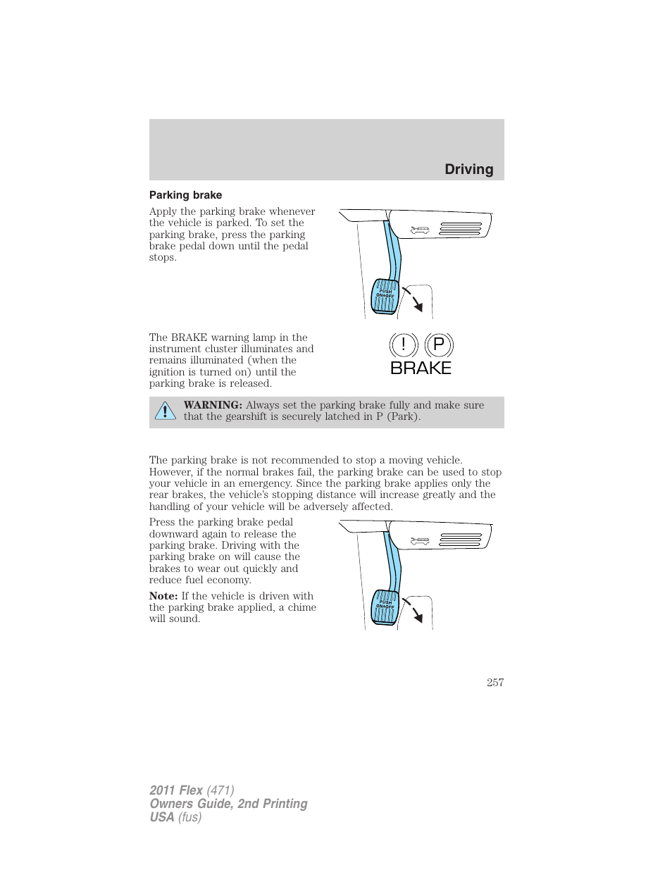 Parking brake, P! brake | FORD 2011 Flex v.2 User Manual | Page 257 / 418