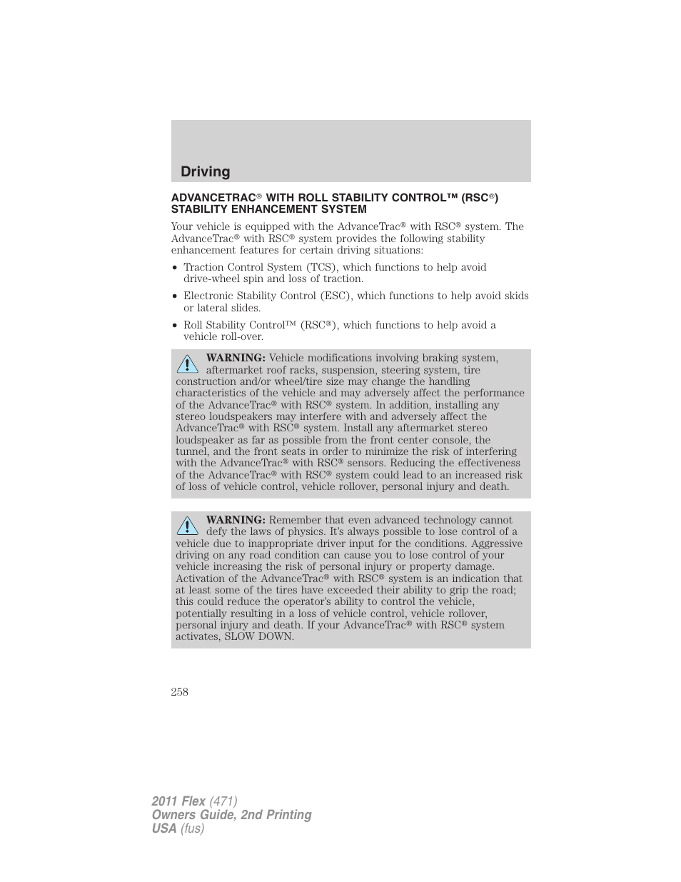 Advancetrac, Driving | FORD 2011 Flex v.2 User Manual | Page 258 / 418