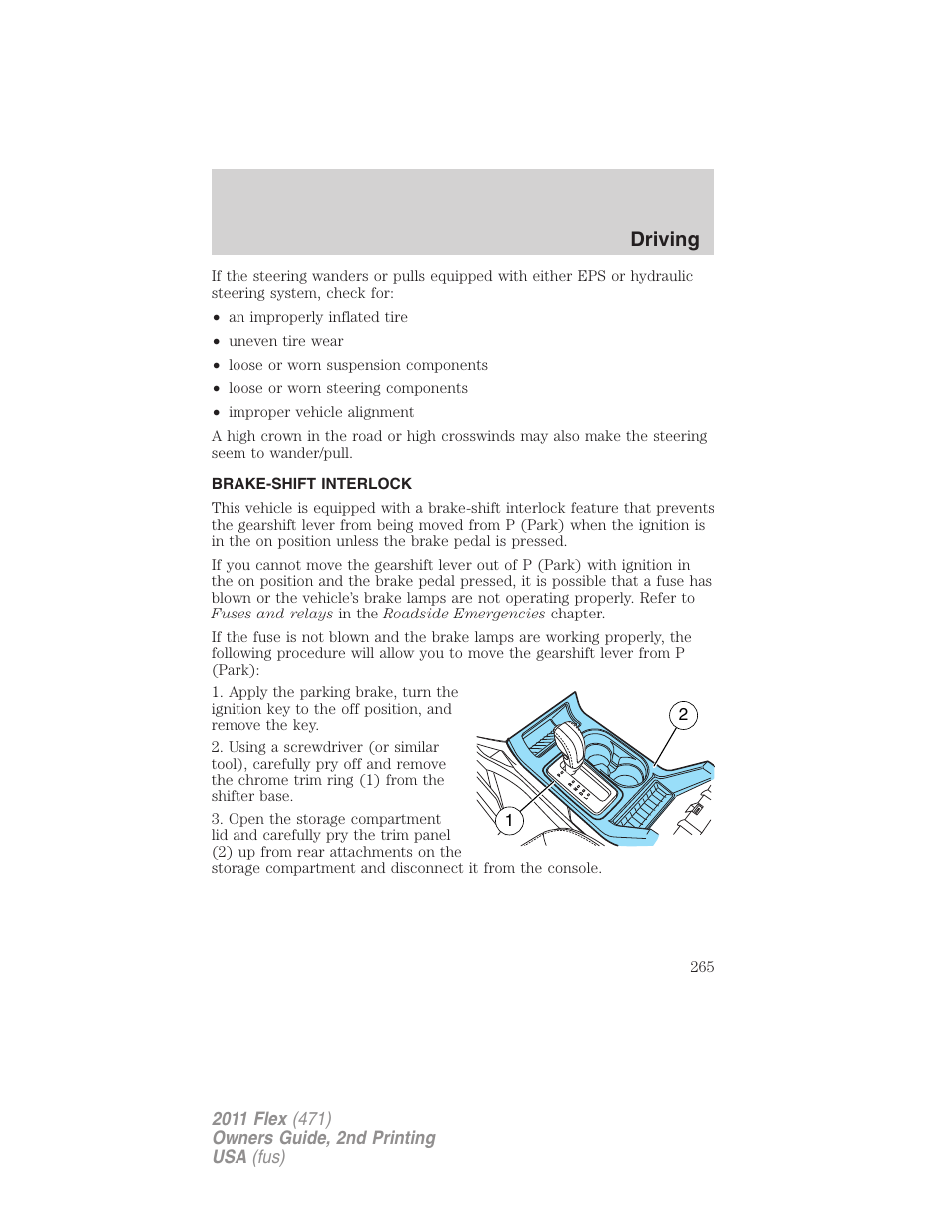 Brake-shift interlock, Driving | FORD 2011 Flex v.2 User Manual | Page 265 / 418