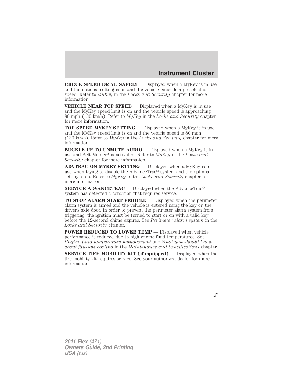 Instrument cluster | FORD 2011 Flex v.2 User Manual | Page 27 / 418