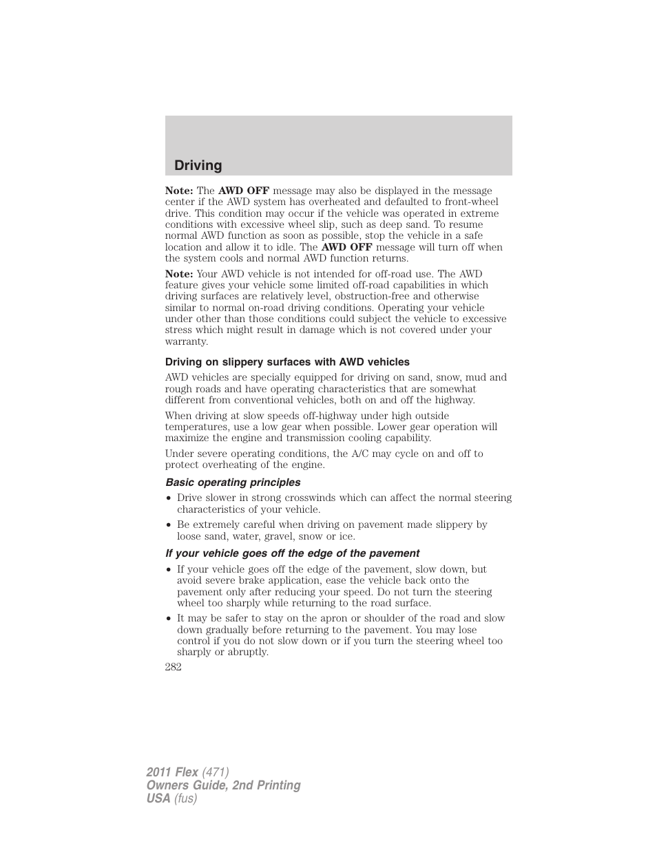 Driving on slippery surfaces with awd vehicles, Basic operating principles, If your vehicle goes off the edge of the pavement | Driving | FORD 2011 Flex v.2 User Manual | Page 282 / 418
