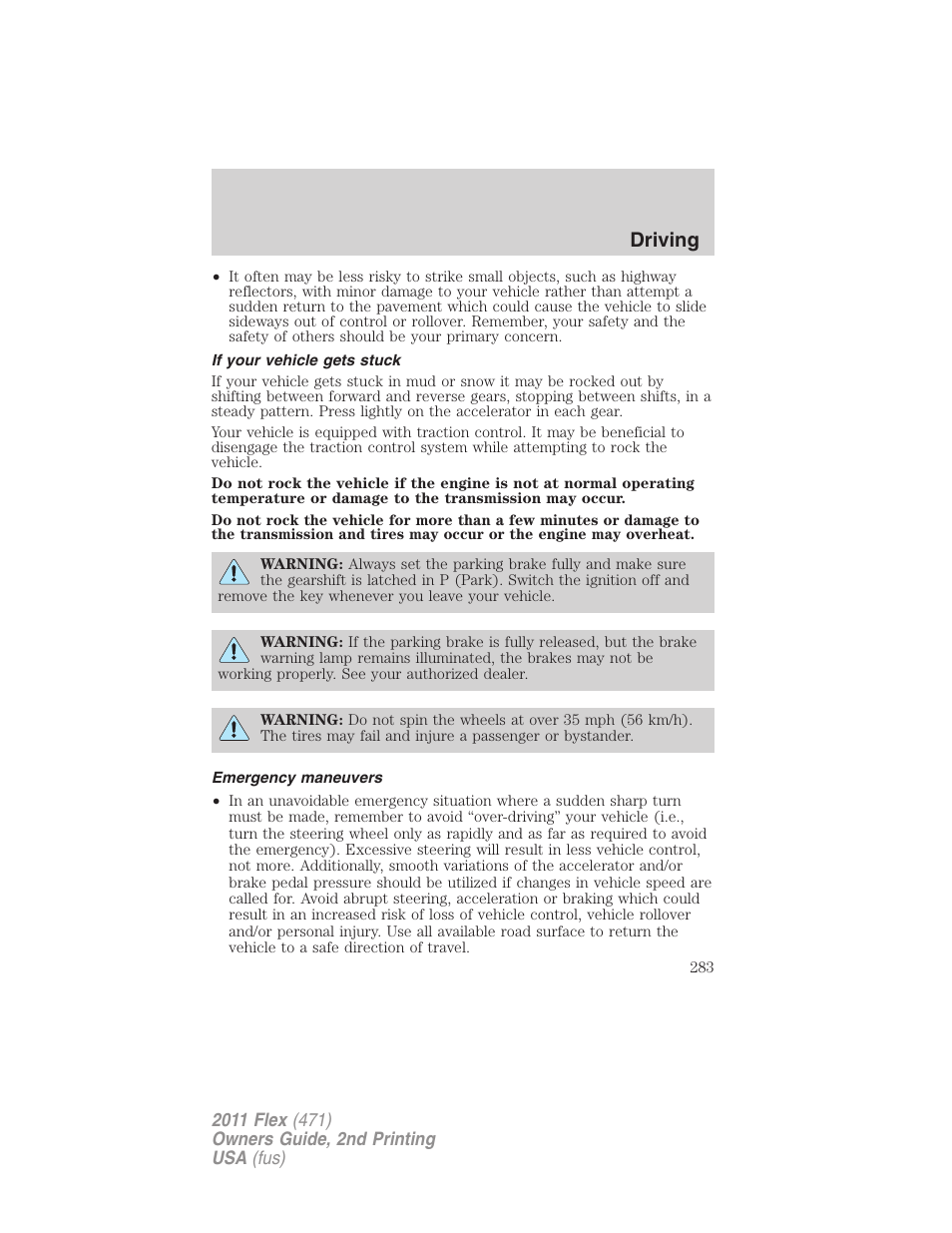 If your vehicle gets stuck, Emergency maneuvers, Driving | FORD 2011 Flex v.2 User Manual | Page 283 / 418