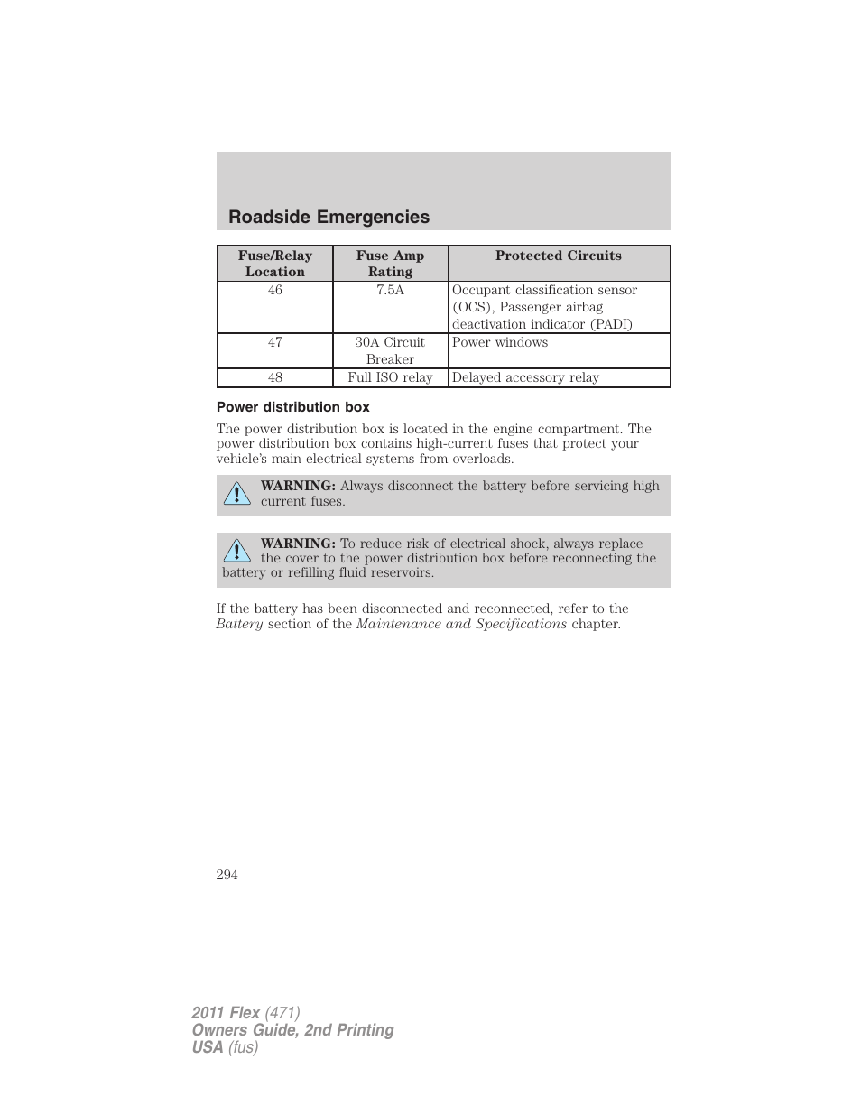 Power distribution box, Roadside emergencies | FORD 2011 Flex v.2 User Manual | Page 294 / 418