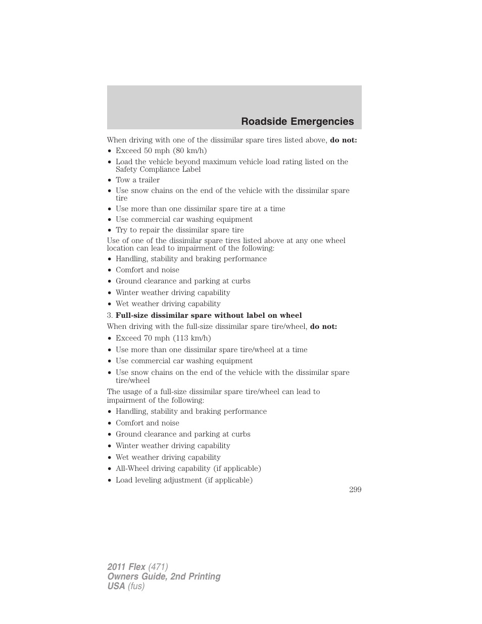 Roadside emergencies | FORD 2011 Flex v.2 User Manual | Page 299 / 418