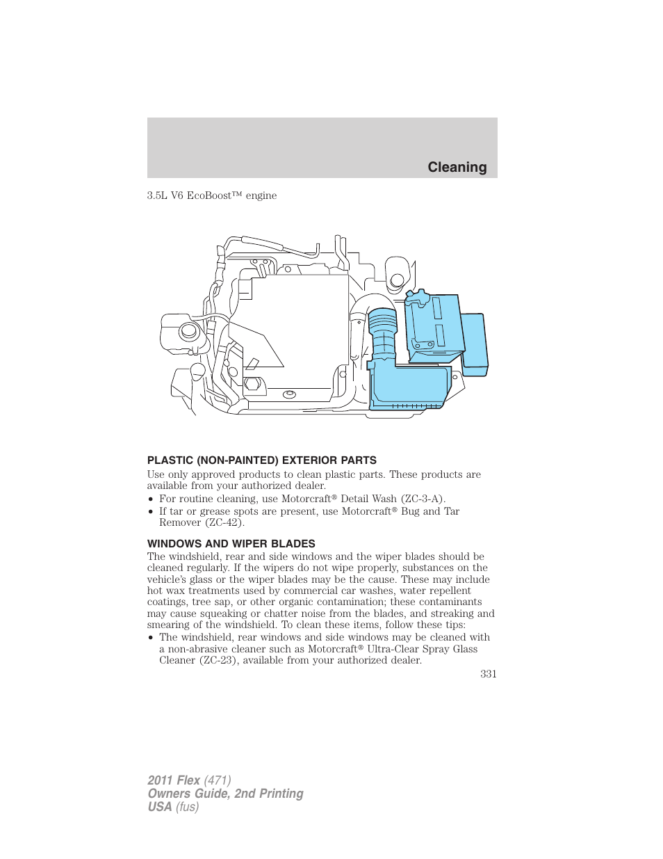 Plastic (non-painted) exterior parts, Windows and wiper blades, Cleaning | FORD 2011 Flex v.2 User Manual | Page 331 / 418
