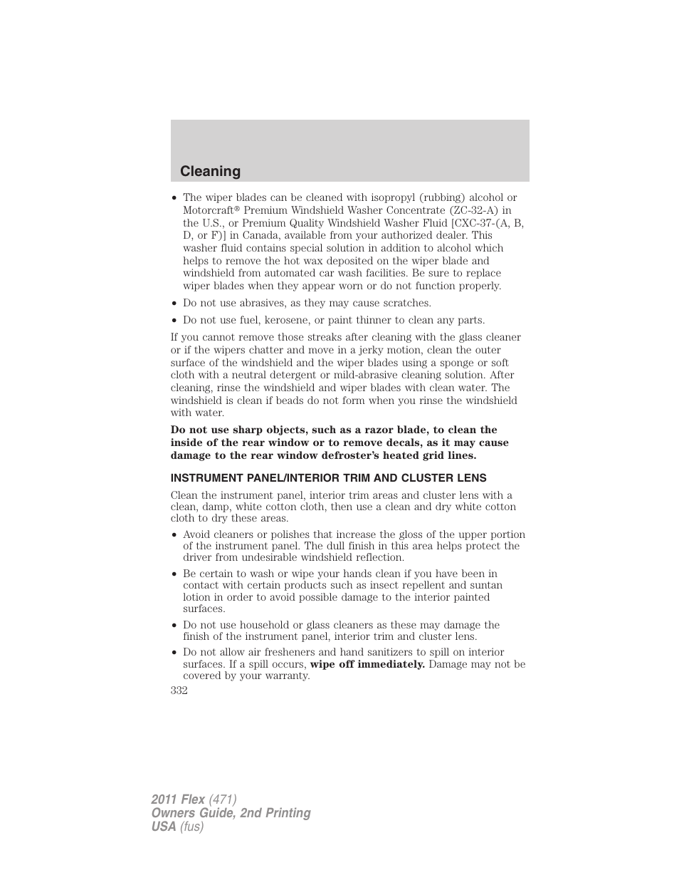 Instrument panel/interior trim and cluster lens, Cleaning | FORD 2011 Flex v.2 User Manual | Page 332 / 418