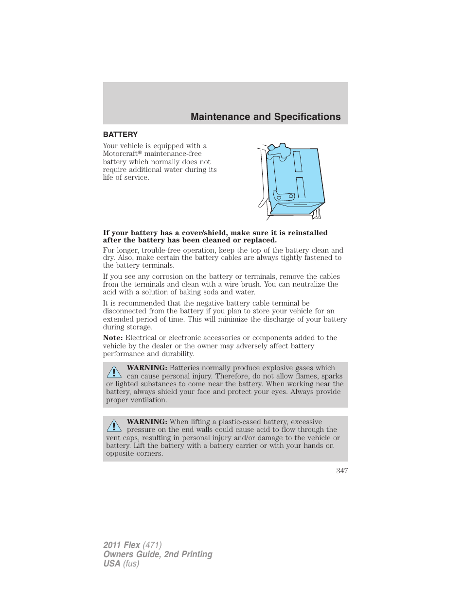 Battery, Maintenance and specifications | FORD 2011 Flex v.2 User Manual | Page 347 / 418