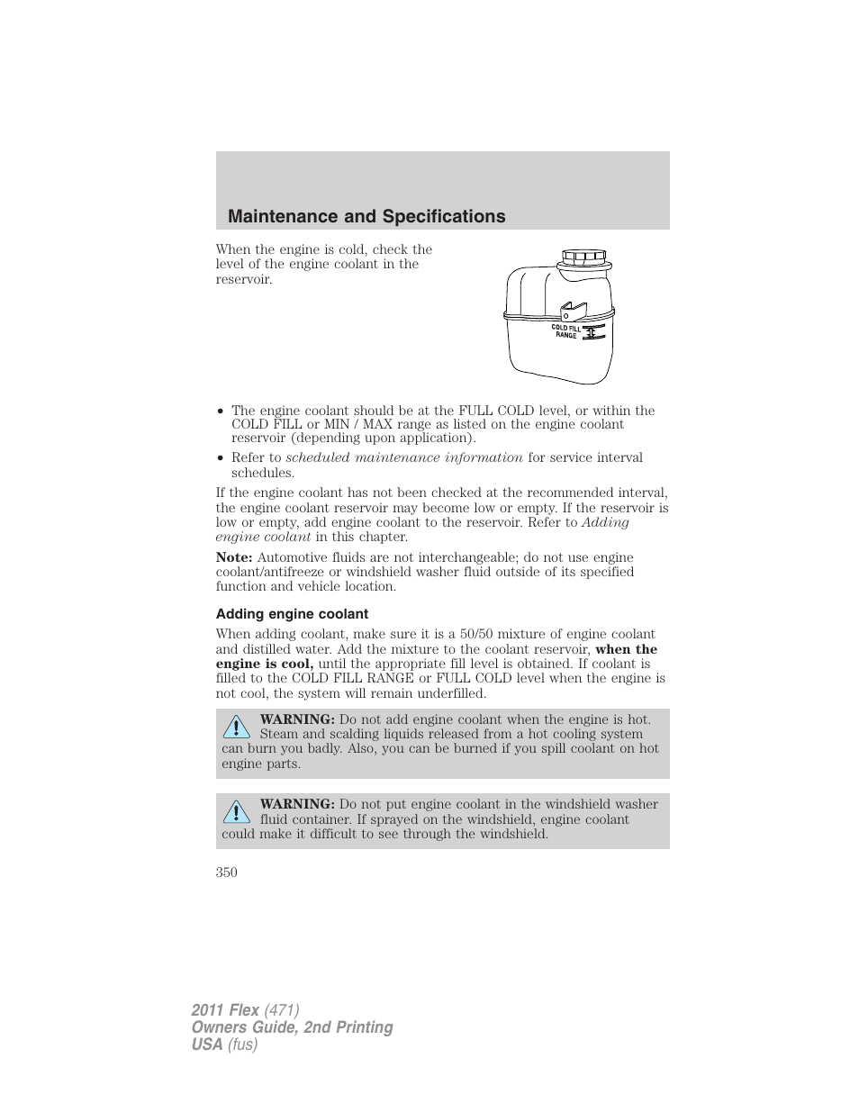 Adding engine coolant, Maintenance and specifications | FORD 2011 Flex v.2 User Manual | Page 350 / 418