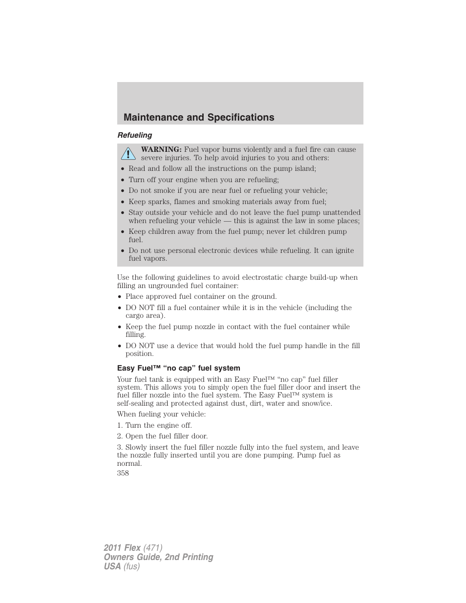 Refueling, Easy fuel™ “no cap” fuel system, Maintenance and specifications | FORD 2011 Flex v.2 User Manual | Page 358 / 418