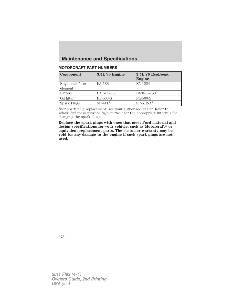 Motorcraft part numbers, Part numbers, Maintenance and specifications | FORD 2011 Flex v.2 User Manual | Page 378 / 418