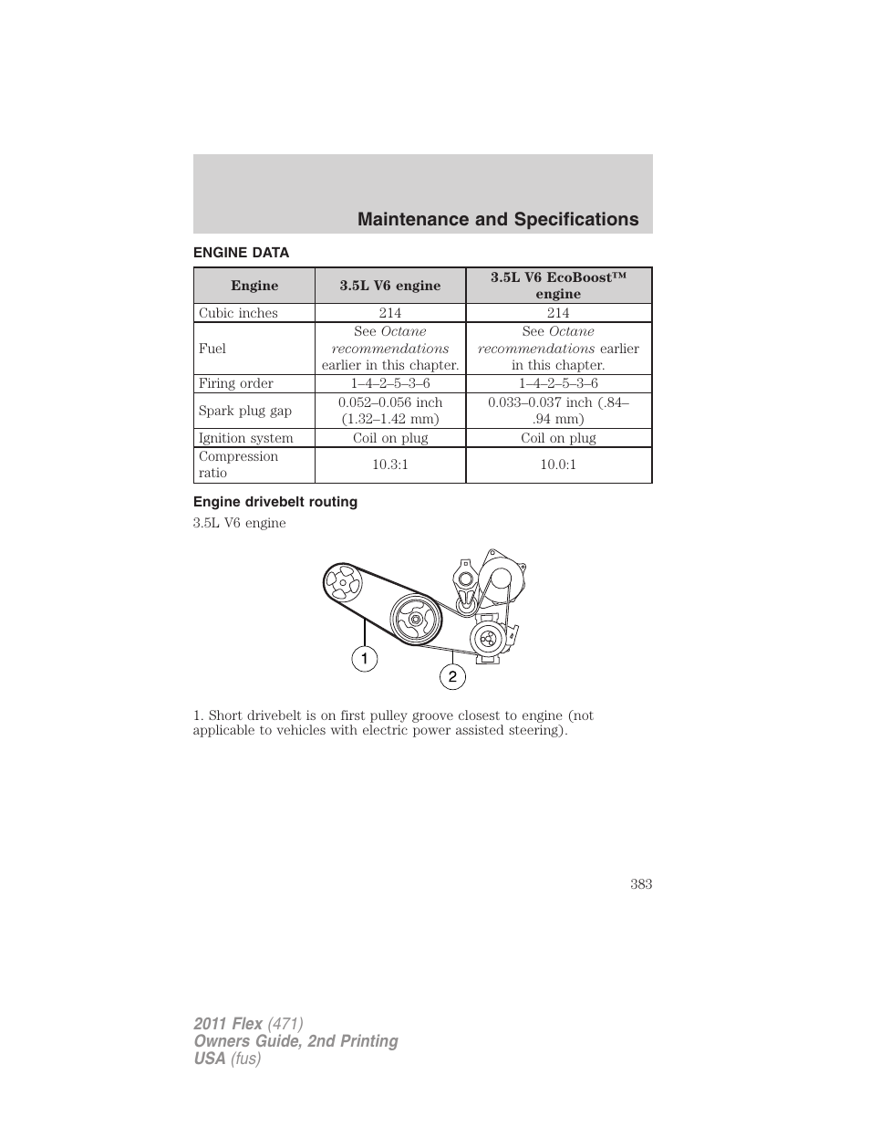Engine data, Engine drivebelt routing, Maintenance and specifications | FORD 2011 Flex v.2 User Manual | Page 383 / 418