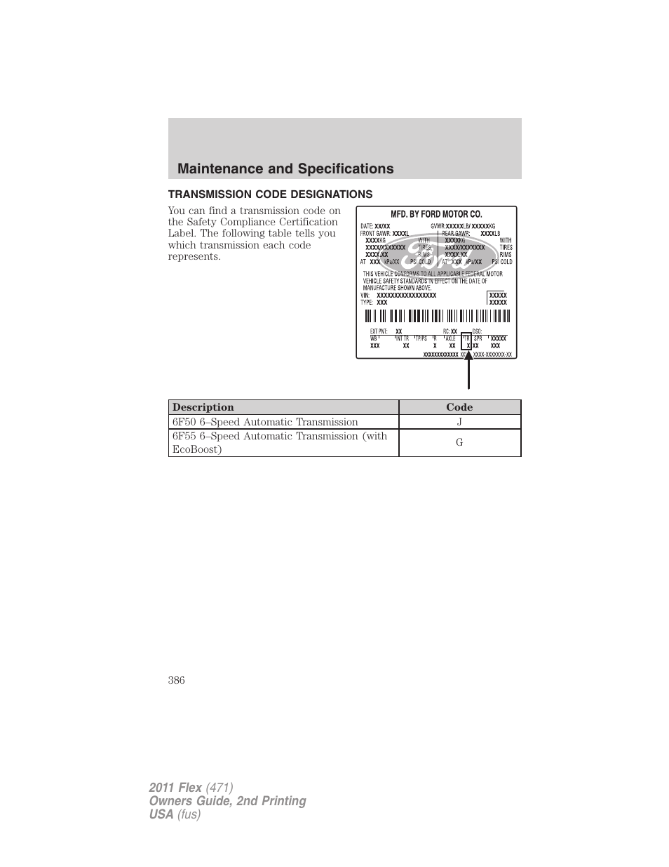 Transmission code designations, Maintenance and specifications | FORD 2011 Flex v.2 User Manual | Page 386 / 418