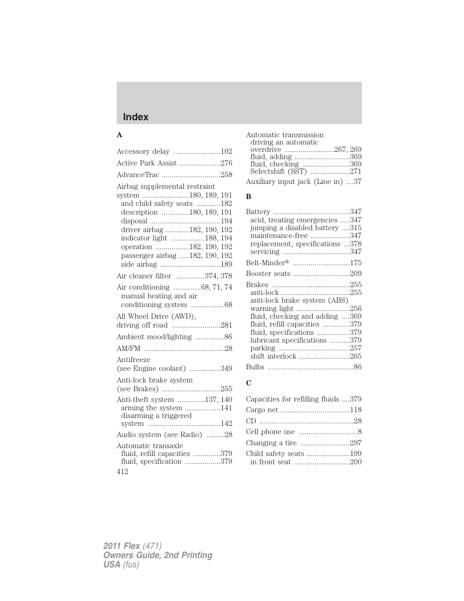 Index | FORD 2011 Flex v.2 User Manual | Page 412 / 418