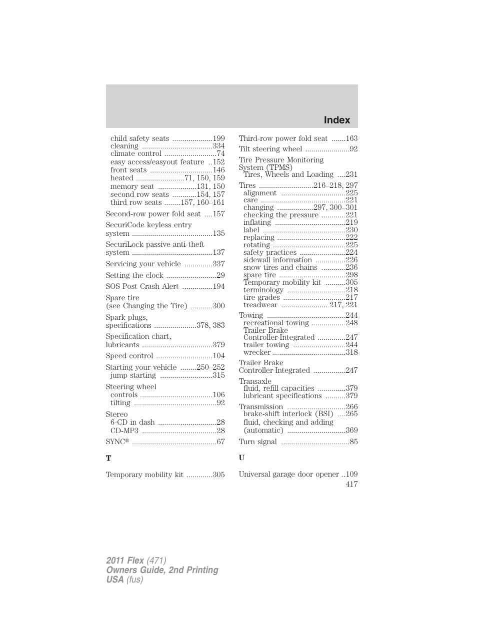 Index | FORD 2011 Flex v.2 User Manual | Page 417 / 418