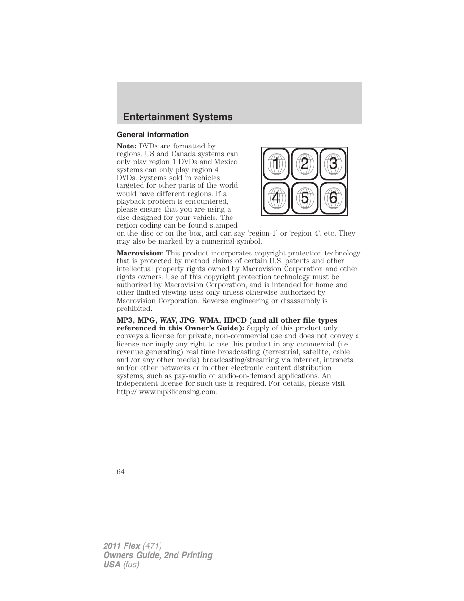 General information, Entertainment systems | FORD 2011 Flex v.2 User Manual | Page 64 / 418