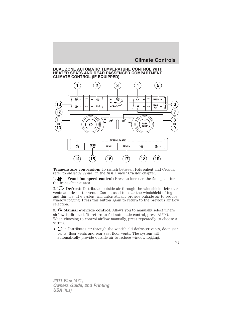 Dual electronic automatic temperature control, Climate controls | FORD 2011 Flex v.2 User Manual | Page 71 / 418