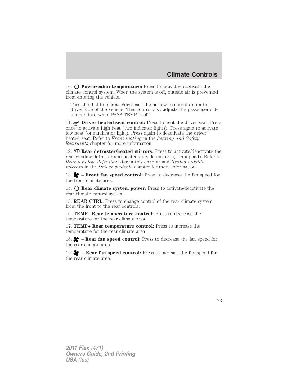 Climate controls | FORD 2011 Flex v.2 User Manual | Page 73 / 418