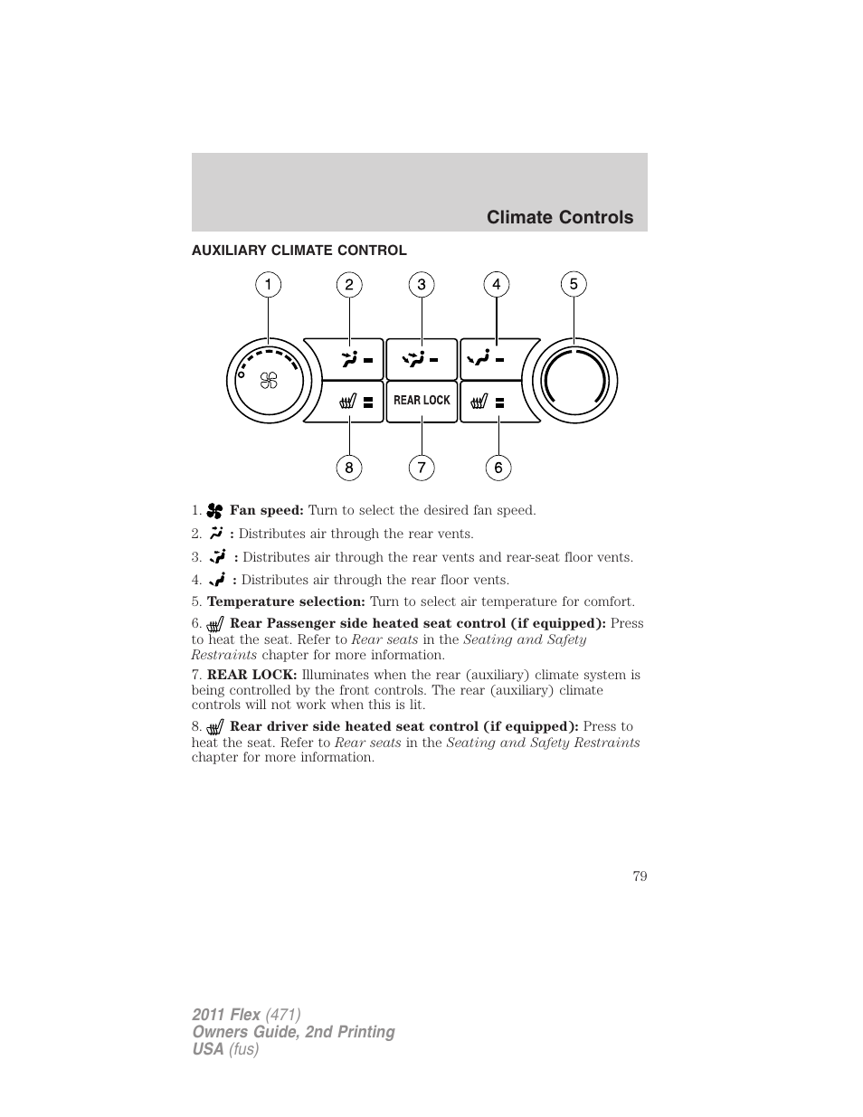 Auxiliary climate control, Climate controls | FORD 2011 Flex v.2 User Manual | Page 79 / 418