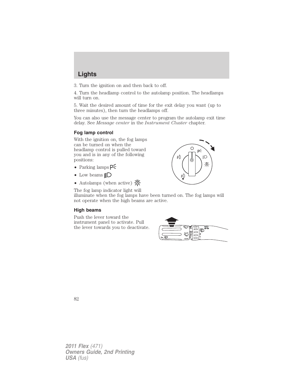 Fog lamp control, High beams, Lights | FORD 2011 Flex v.2 User Manual | Page 82 / 418