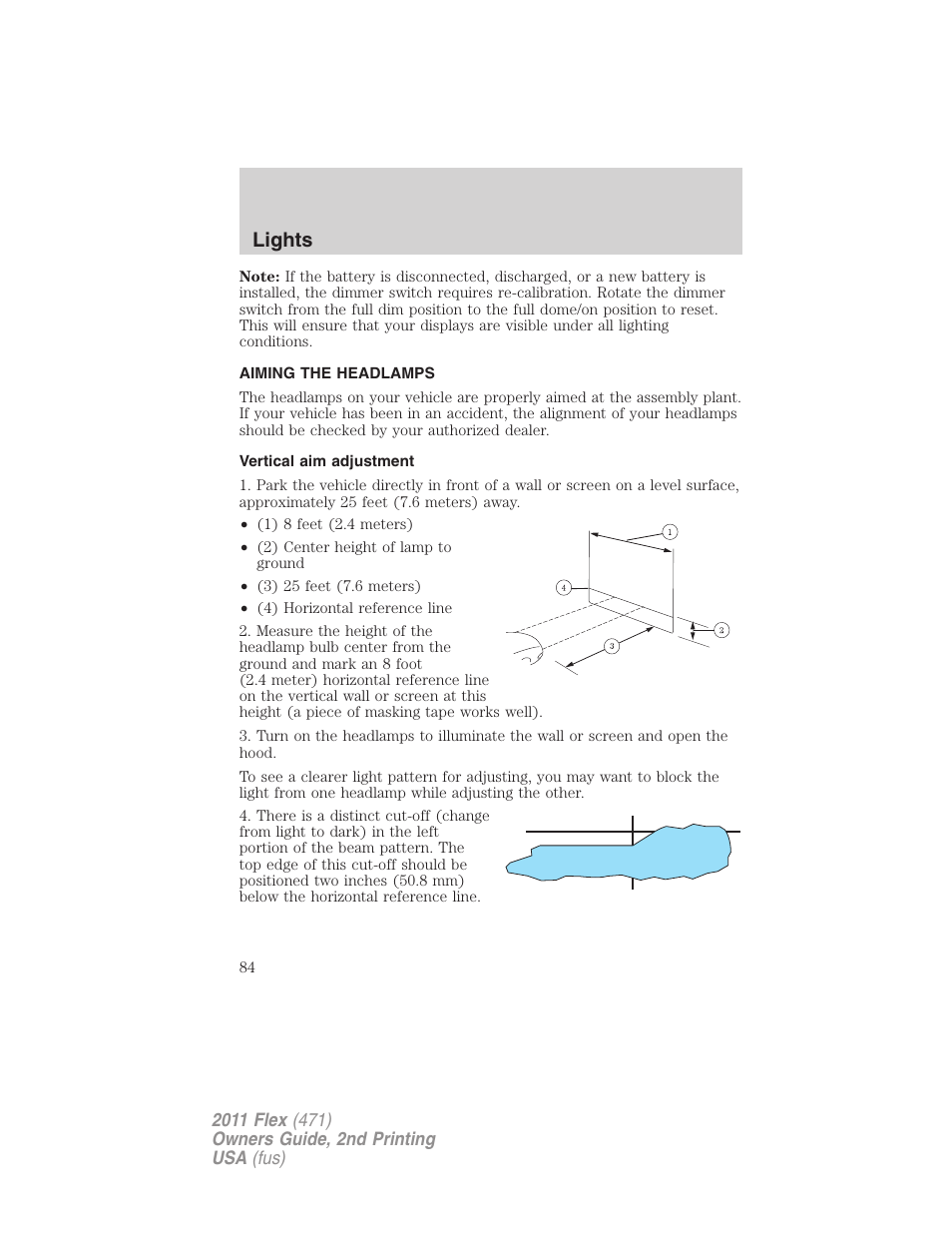 Aiming the headlamps, Vertical aim adjustment, Lights | FORD 2011 Flex v.2 User Manual | Page 84 / 418