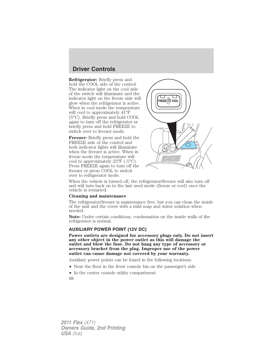 Auxiliary power point (12v dc), Driver controls | FORD 2011 Flex v.2 User Manual | Page 98 / 418