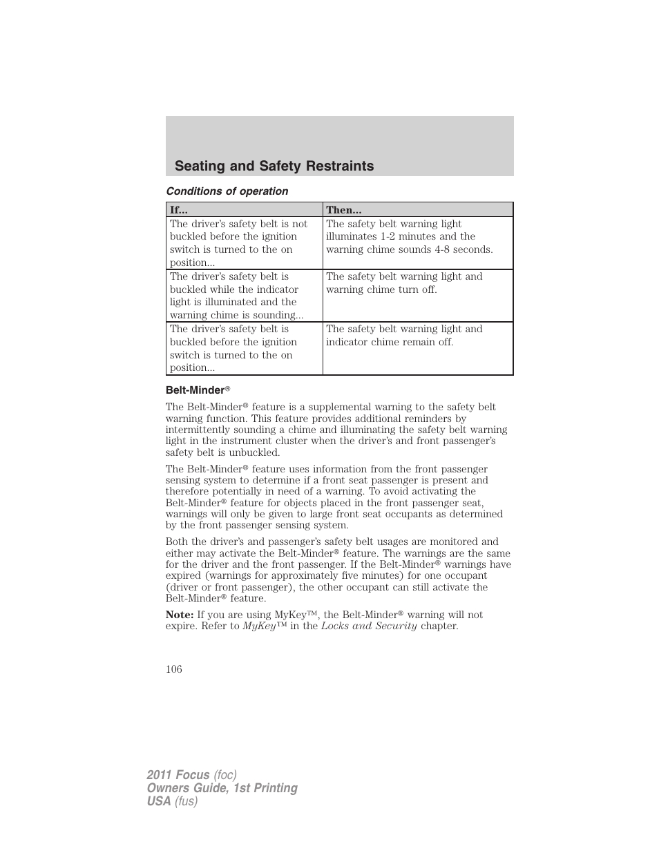 Conditions of operation, Belt-minder, Seating and safety restraints | FORD 2011 Focus v.1 User Manual | Page 106 / 301