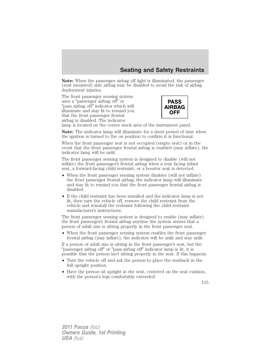 Seating and safety restraints | FORD 2011 Focus v.1 User Manual | Page 115 / 301