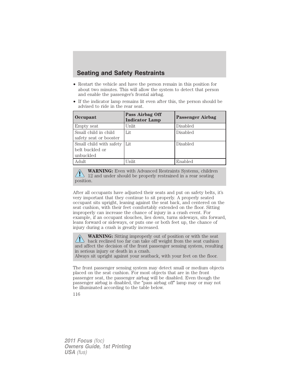 Seating and safety restraints | FORD 2011 Focus v.1 User Manual | Page 116 / 301