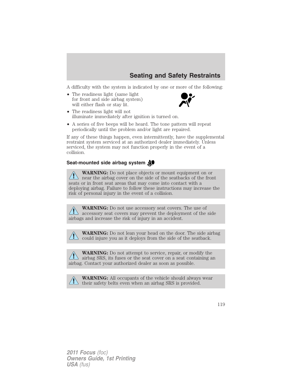 Seat-mounted side airbag system, Seating and safety restraints | FORD 2011 Focus v.1 User Manual | Page 119 / 301