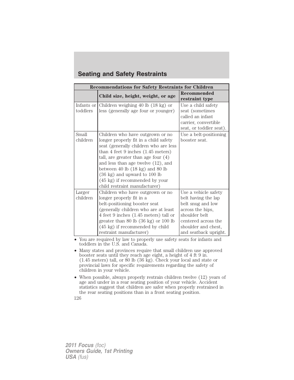 Seating and safety restraints | FORD 2011 Focus v.1 User Manual | Page 126 / 301