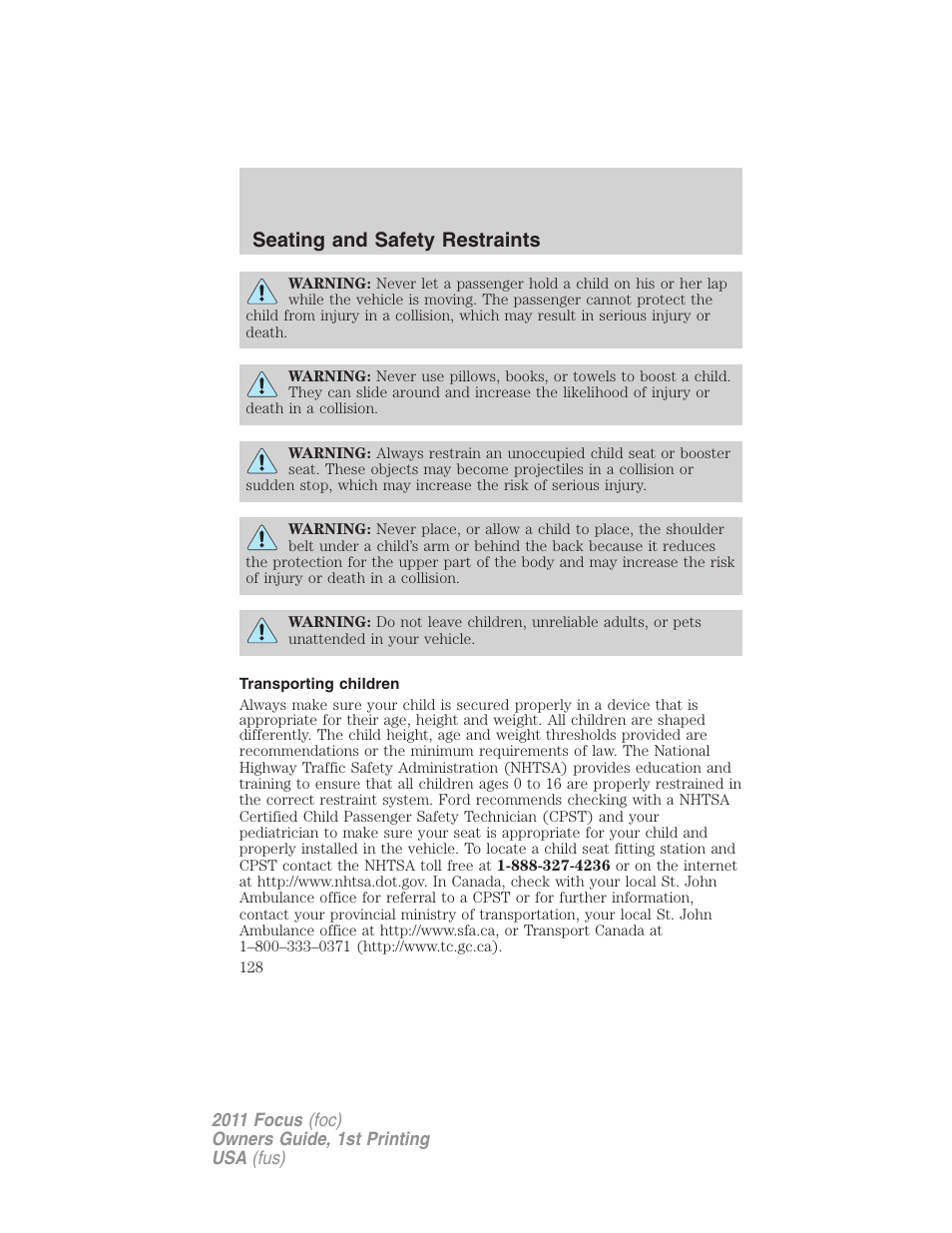Transporting children, Seating and safety restraints | FORD 2011 Focus v.1 User Manual | Page 128 / 301