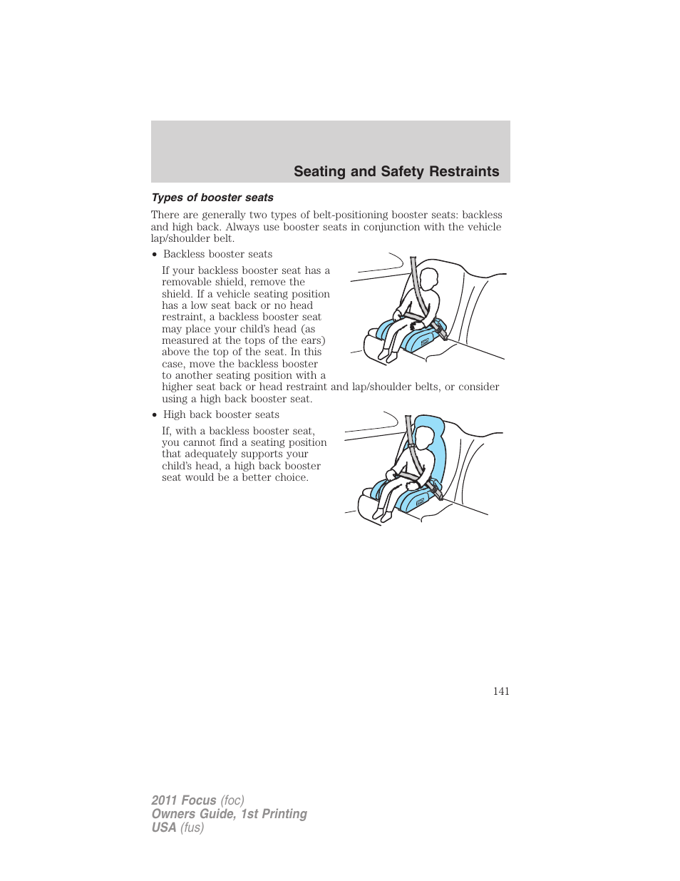 Types of booster seats, Seating and safety restraints | FORD 2011 Focus v.1 User Manual | Page 141 / 301