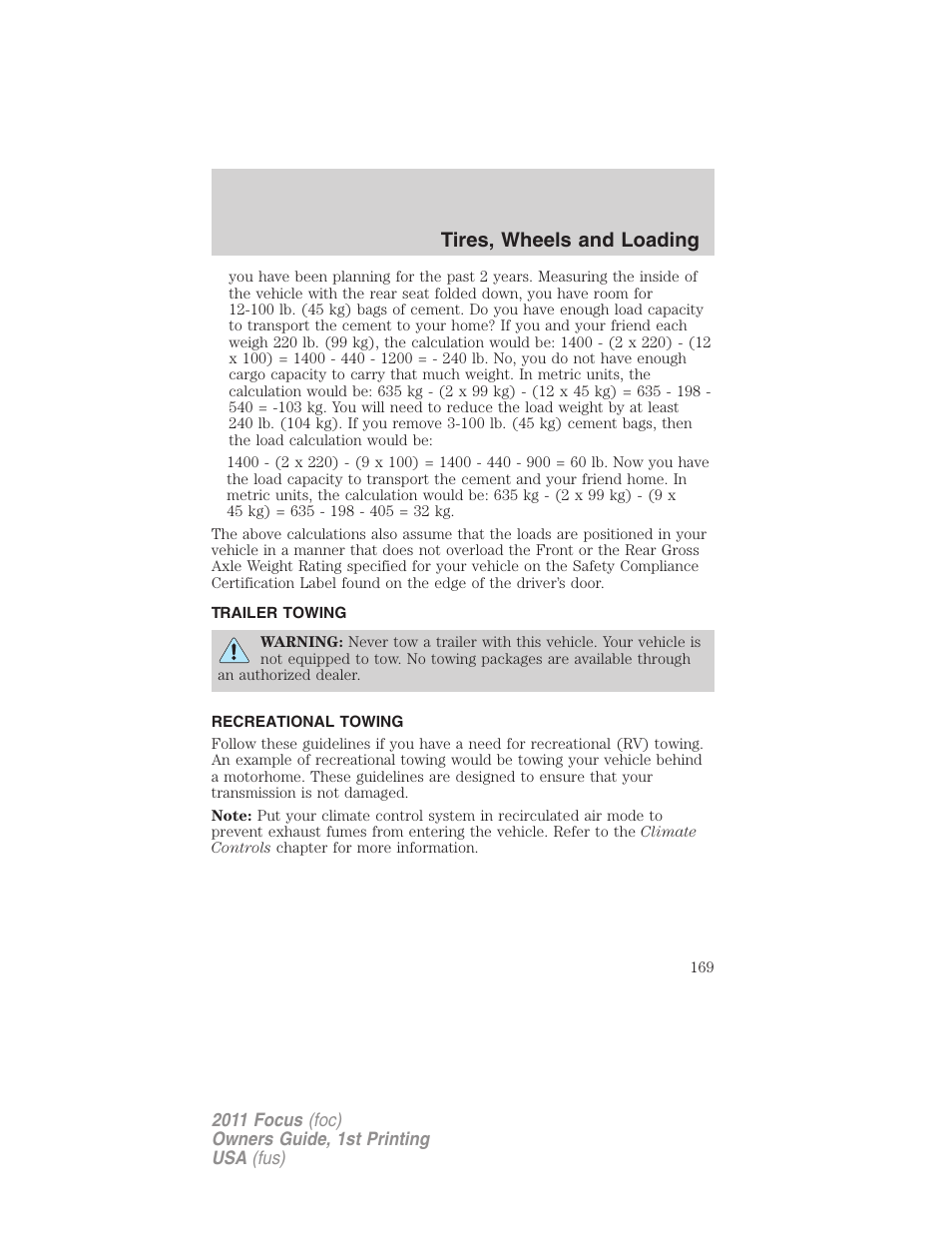 Trailer towing, Recreational towing, Tires, wheels and loading | FORD 2011 Focus v.1 User Manual | Page 169 / 301