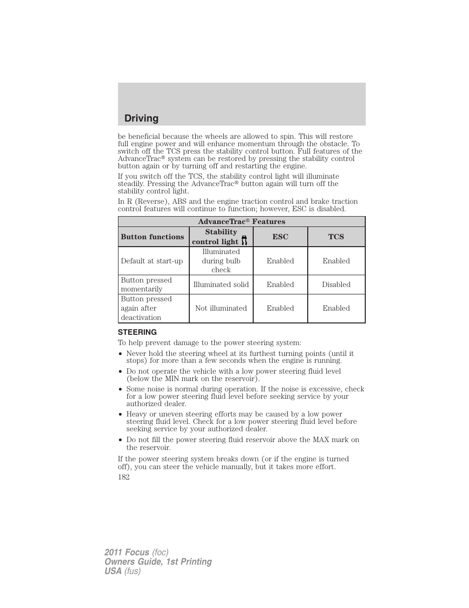 Steering, Driving | FORD 2011 Focus v.1 User Manual | Page 182 / 301