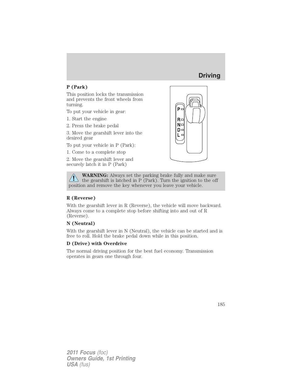 Driving | FORD 2011 Focus v.1 User Manual | Page 185 / 301