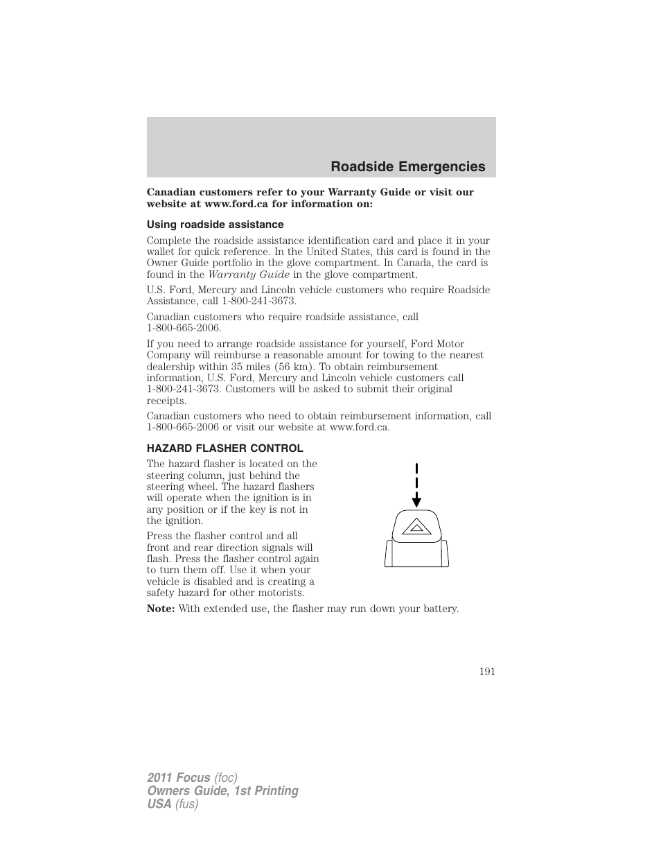 Using roadside assistance, Hazard flasher control, Roadside emergencies | FORD 2011 Focus v.1 User Manual | Page 191 / 301