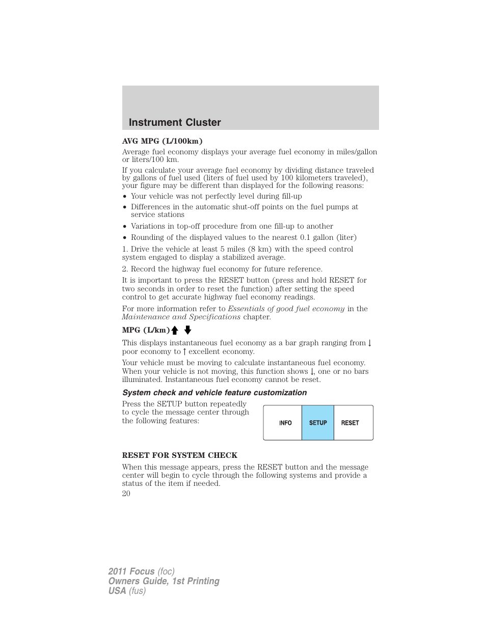 System check and vehicle feature customization, Instrument cluster | FORD 2011 Focus v.1 User Manual | Page 20 / 301