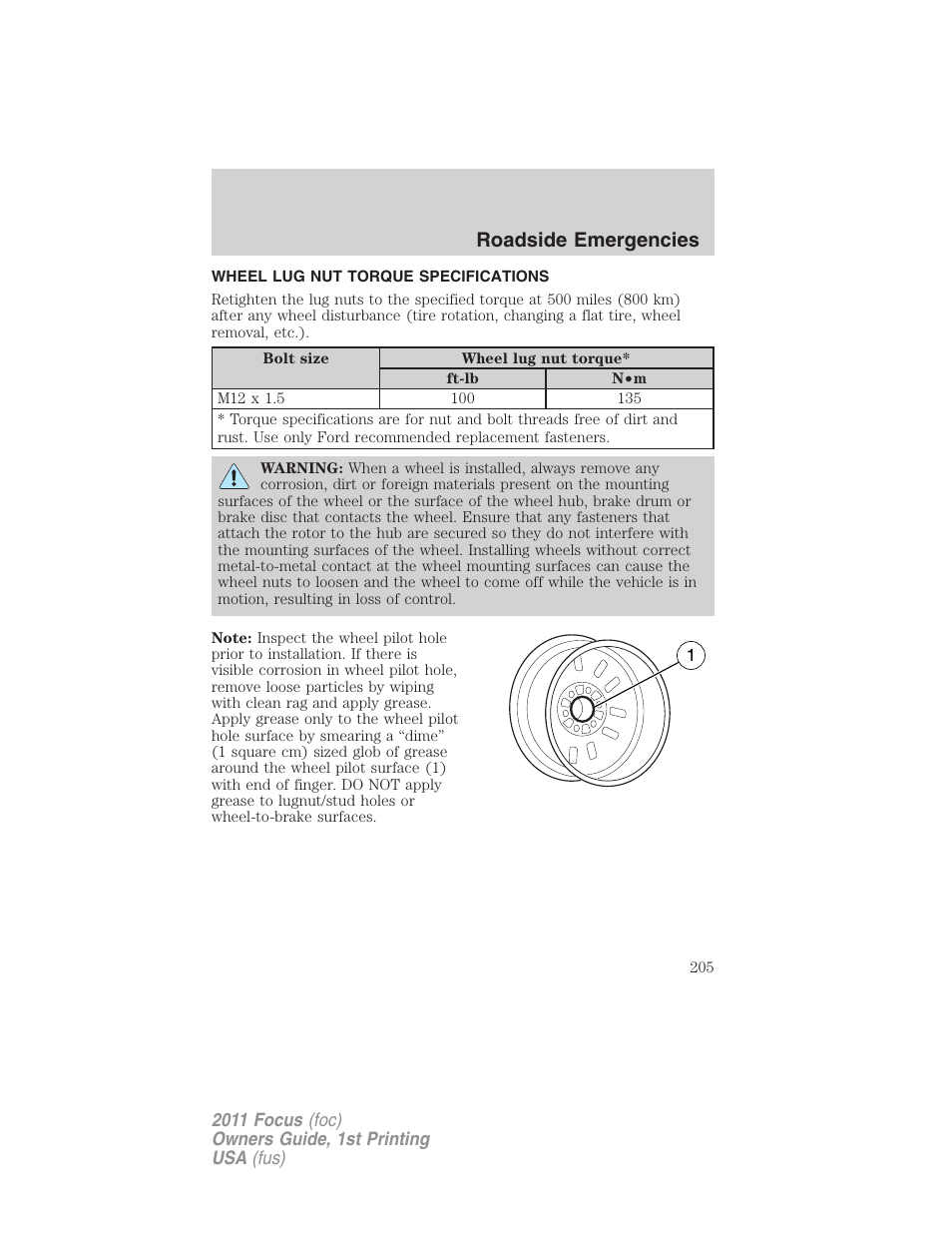 Wheel lug nut torque specifications, Wheel lug nut torque, Roadside emergencies | FORD 2011 Focus v.1 User Manual | Page 205 / 301