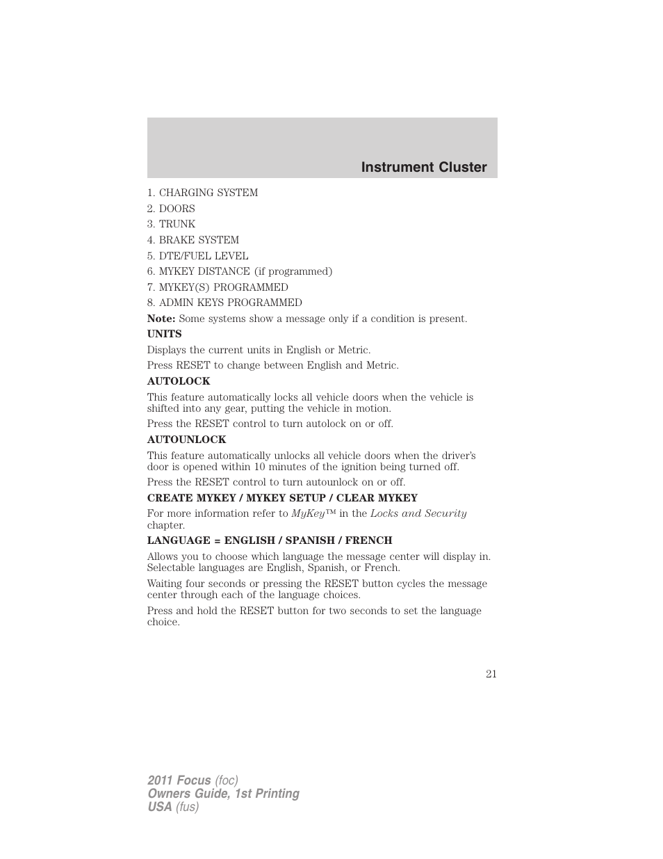 Instrument cluster | FORD 2011 Focus v.1 User Manual | Page 21 / 301