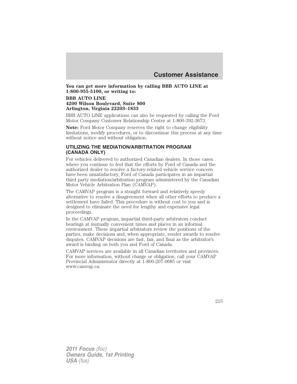 Customer assistance | FORD 2011 Focus v.1 User Manual | Page 215 / 301
