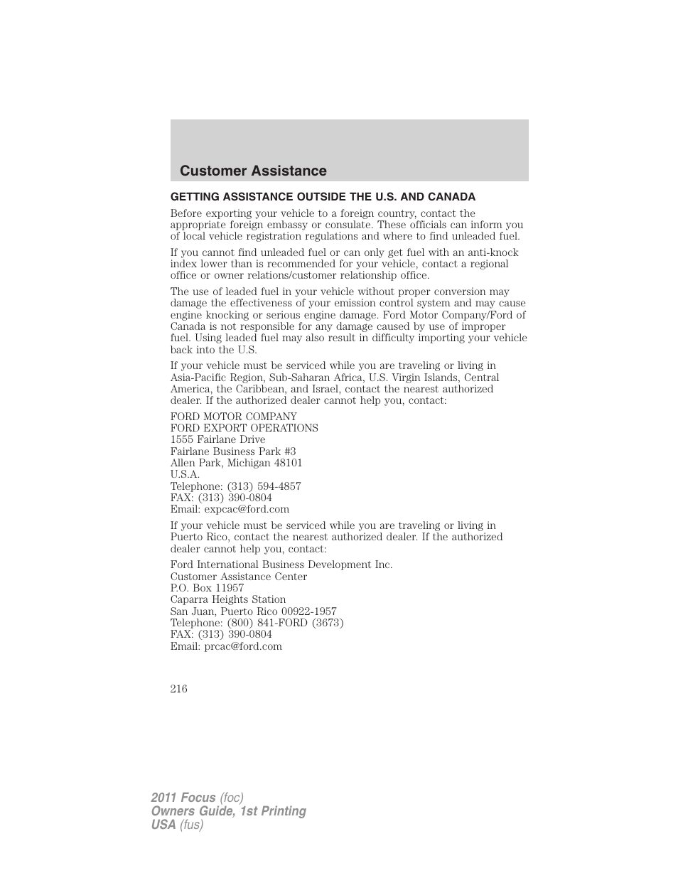 Getting assistance outside the u.s. and canada, Customer assistance | FORD 2011 Focus v.1 User Manual | Page 216 / 301