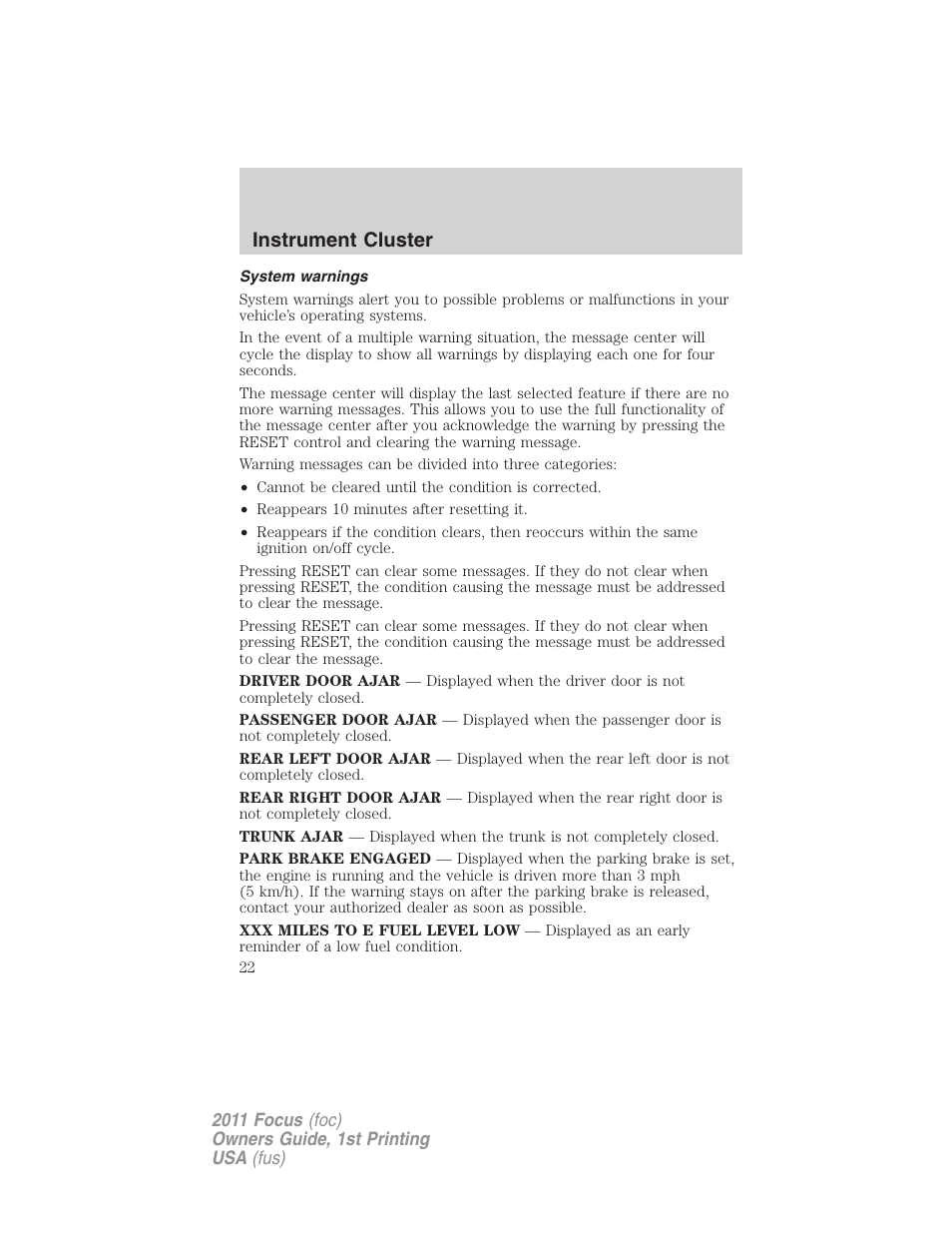 System warnings, Instrument cluster | FORD 2011 Focus v.1 User Manual | Page 22 / 301