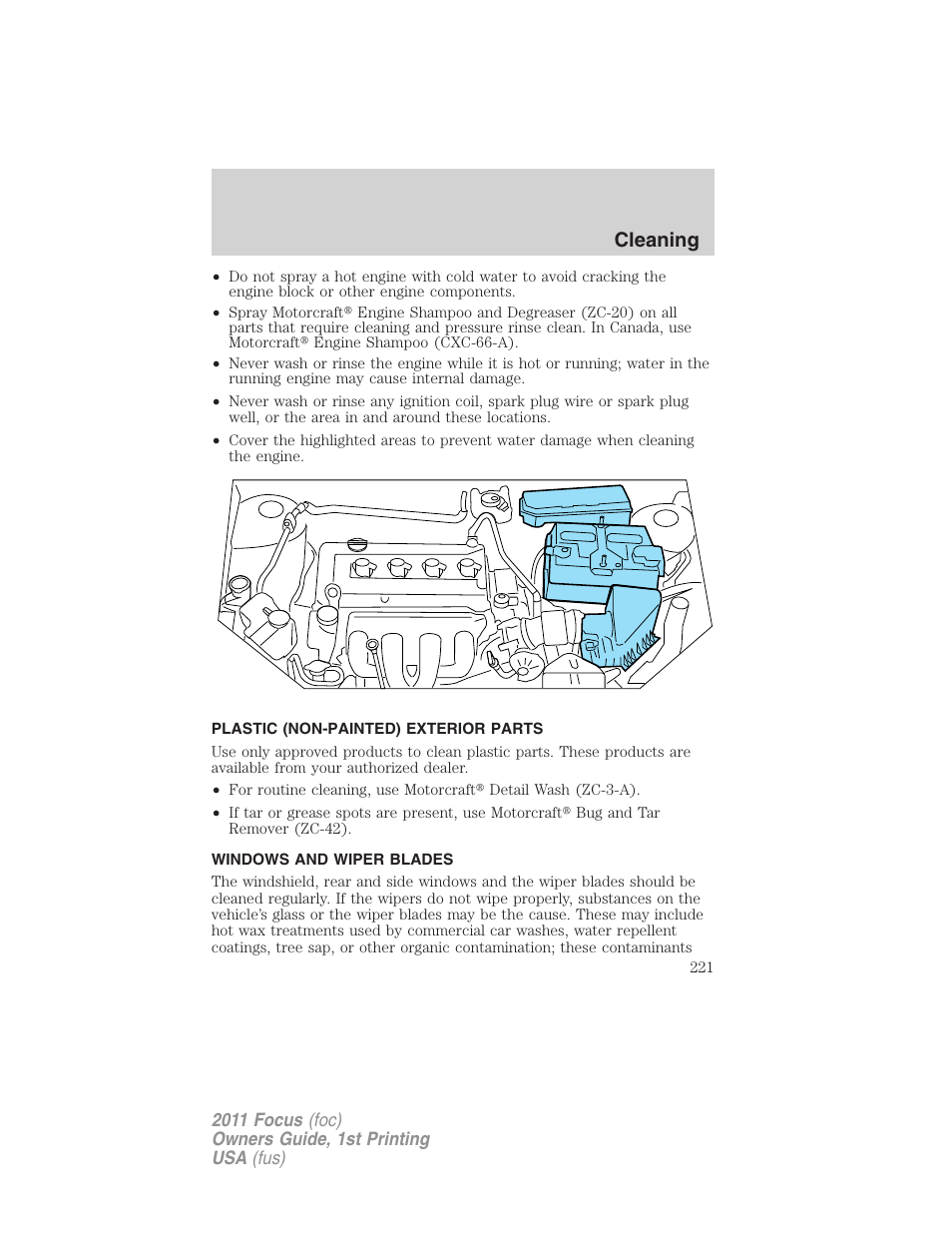 Plastic (non-painted) exterior parts, Windows and wiper blades, Cleaning | FORD 2011 Focus v.1 User Manual | Page 221 / 301