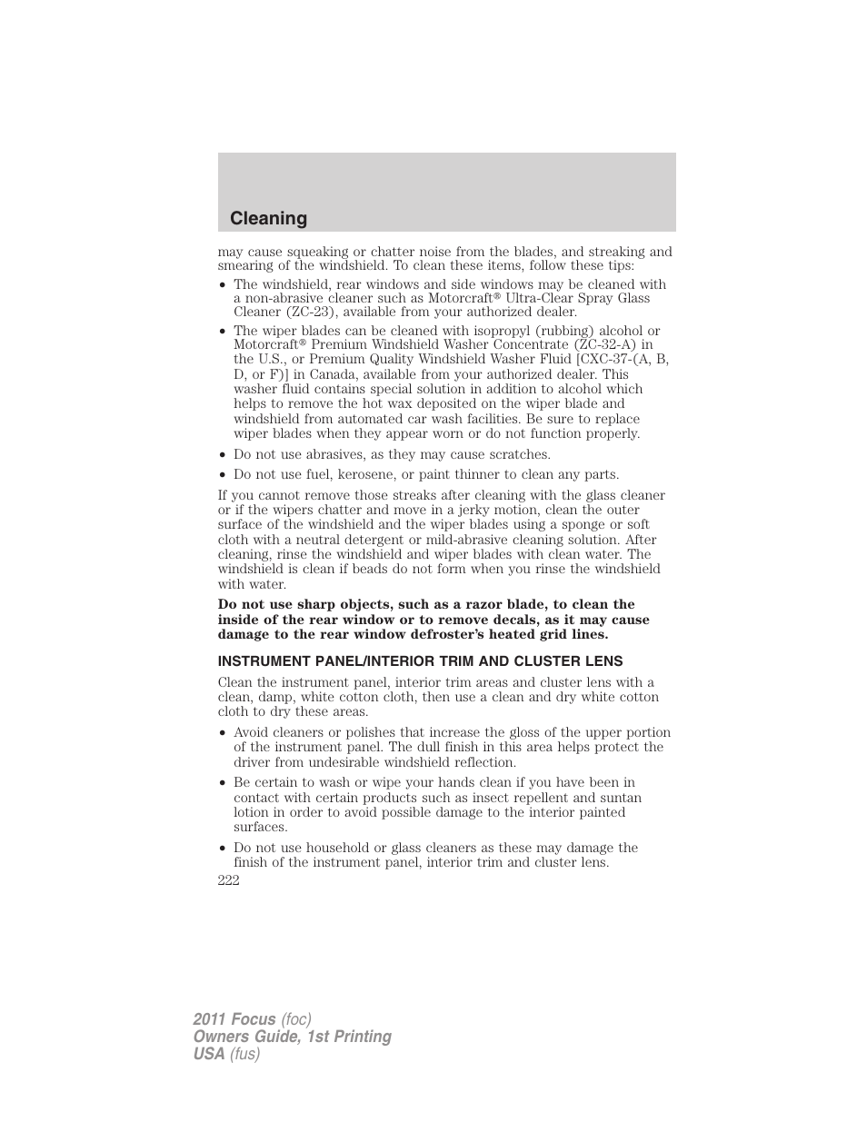 Instrument panel/interior trim and cluster lens, Cleaning | FORD 2011 Focus v.1 User Manual | Page 222 / 301