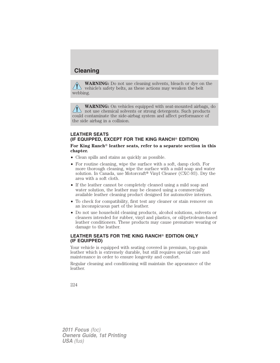 Cleaning | FORD 2011 Focus v.1 User Manual | Page 224 / 301