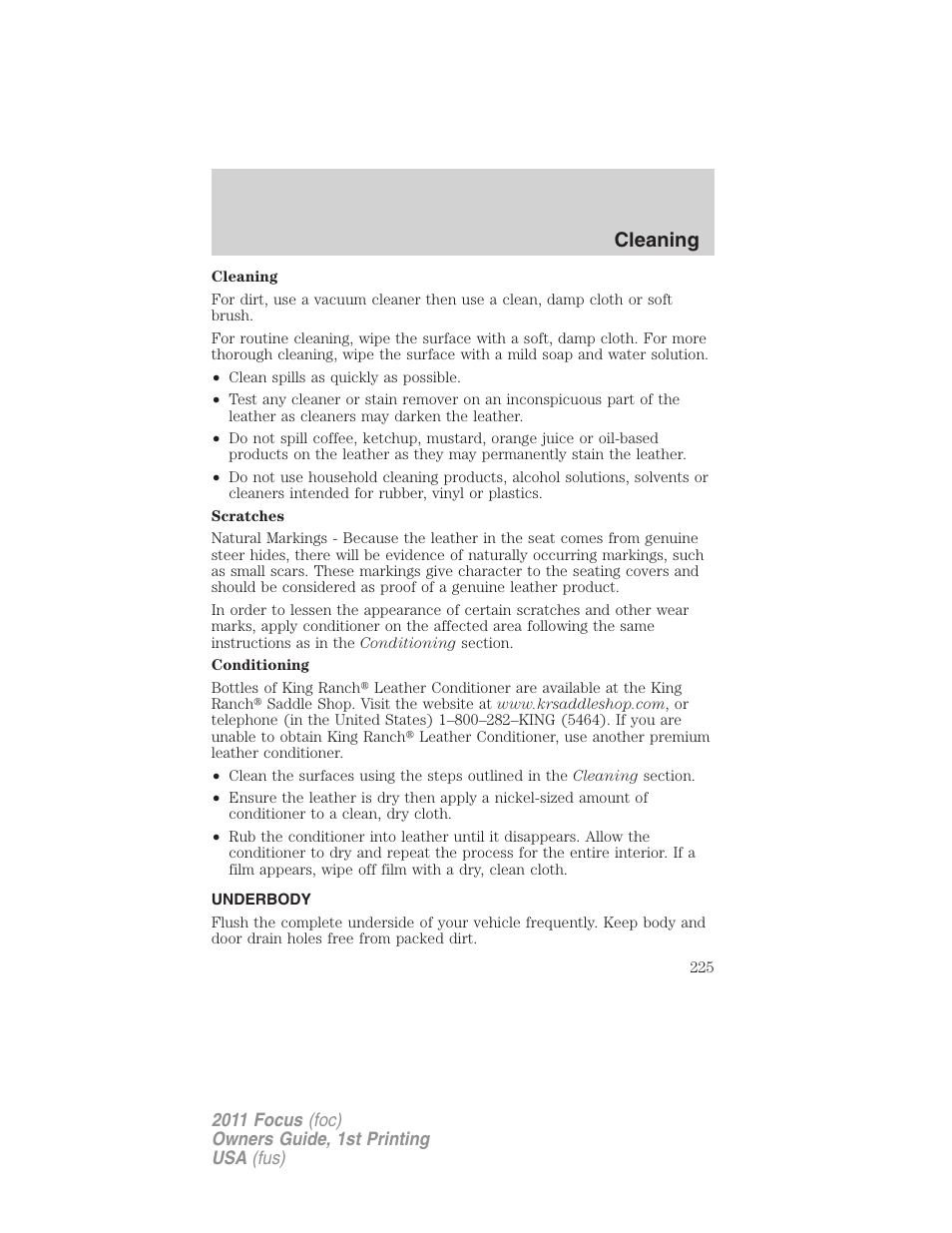 Underbody, Cleaning | FORD 2011 Focus v.1 User Manual | Page 225 / 301