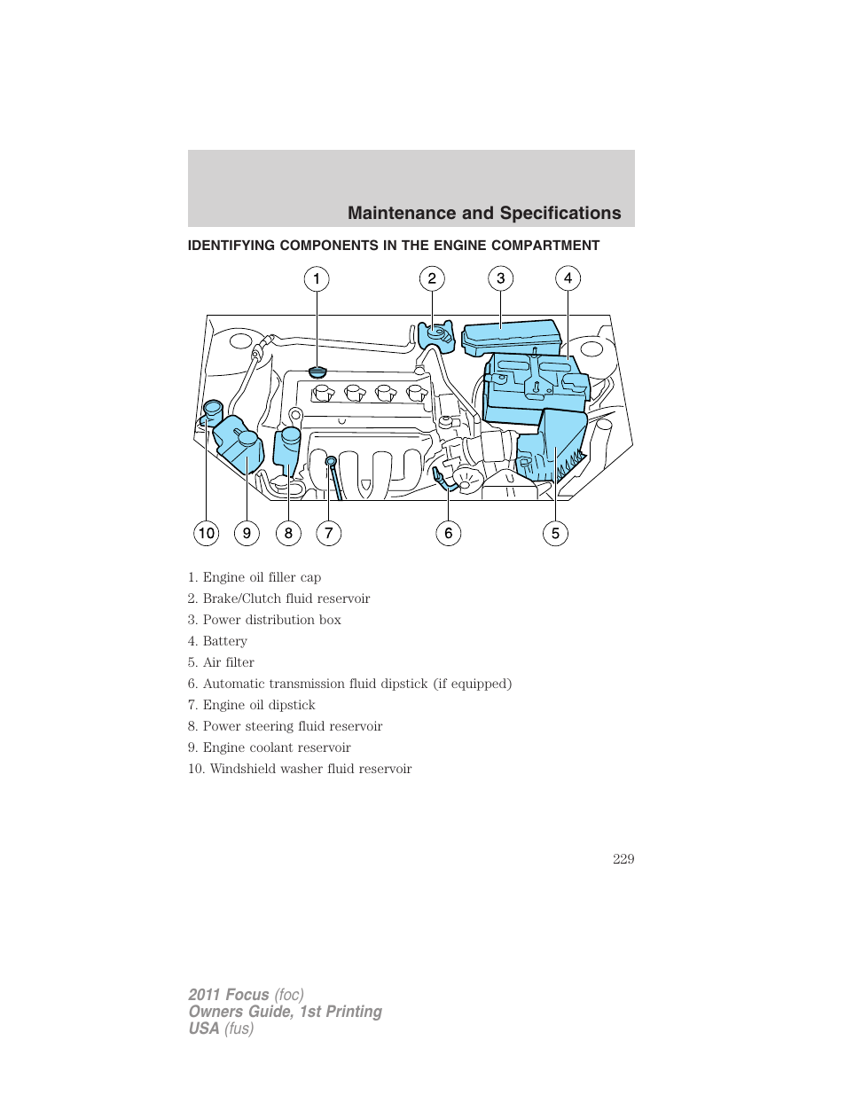 Identifying components in the engine compartment, Engine compartment, Maintenance and specifications | FORD 2011 Focus v.1 User Manual | Page 229 / 301
