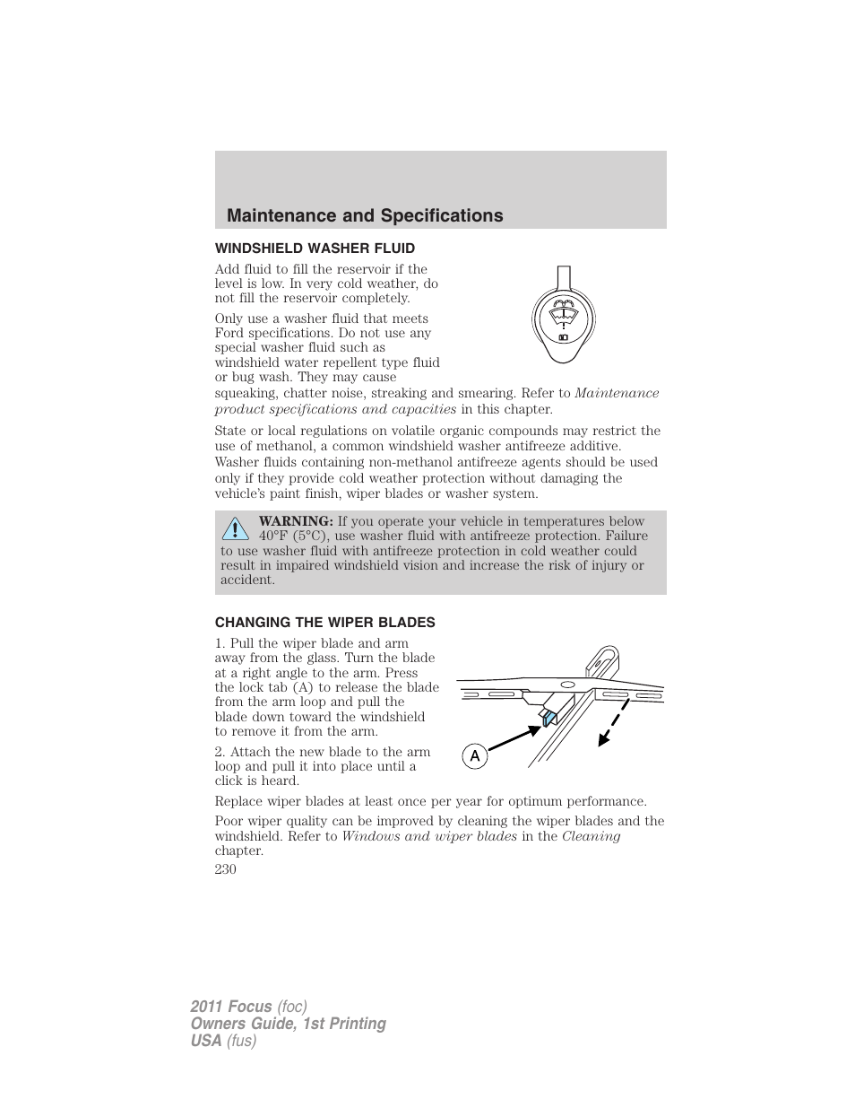 Windshield washer fluid, Changing the wiper blades, Maintenance and specifications | FORD 2011 Focus v.1 User Manual | Page 230 / 301