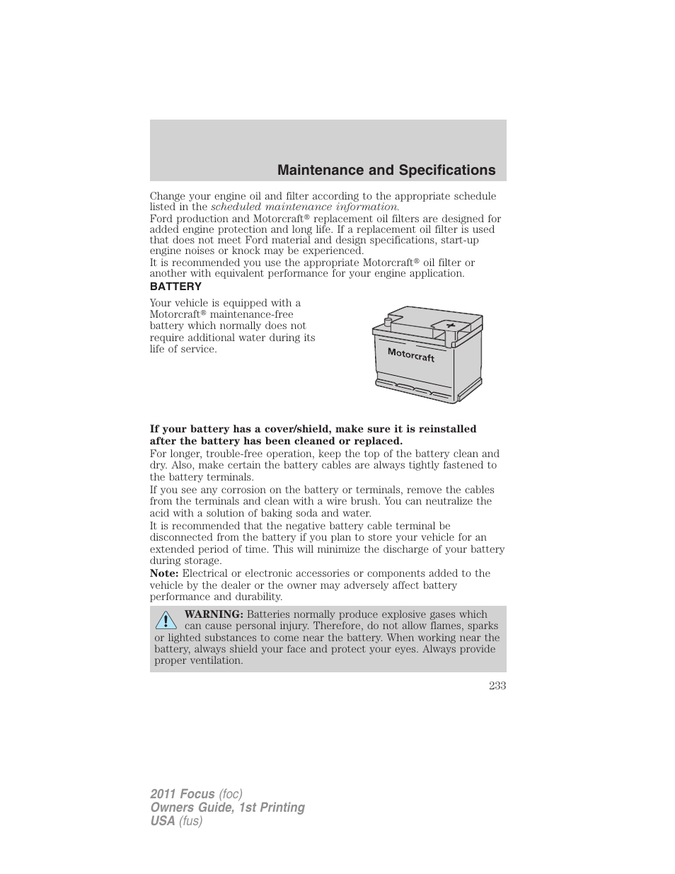 Battery, Maintenance and specifications | FORD 2011 Focus v.1 User Manual | Page 233 / 301